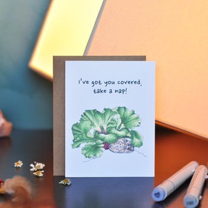 Wenskaart dutje | Everyday Caring Love bedrukte handgemaakte notitiekaart | Ontwerpkunstwerk met plant en kat | Ik denk aan jou