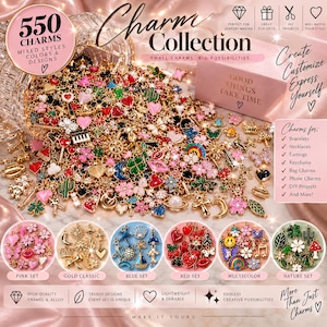 May include: A collection of 550 assorted metal and enamel charms in various shapes, colors, and designs, including hearts, flowers, stars, and animals. The set is displayed in a glass container with labels for pink, gold, blue, red, and nature sets.