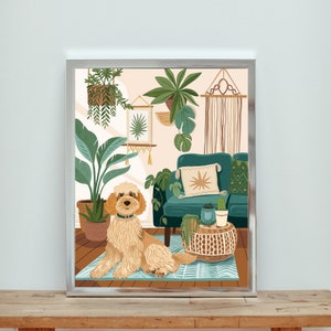 Goldendoodle Living Room Print, Boho Plant Poster, Goldendoodle Dog Art, Decorative Wall Print, Goldendoodle Print, Living Room Decorations