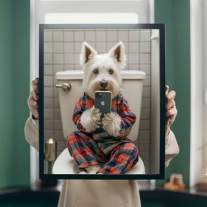 West Highland Terrier Playing on Toilet with Phone, Funny Dog Bathroom Wall Art Poster, West Highland Terrier Bathroom Decor, Dog Toilet Art