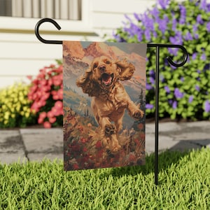 English Cocker Spaniel Garden House Banner, House Flag for Cocker Spaniel, Garden Welcome Flag, Botanical Decor, Cocker Spaniel In Garden