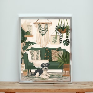 Miniature Schnauzer Living Room Print, Boho Plant Poster, Dog Art, Decorative Wall Print, Miniature Schnauzer Print, Living Room Decorations