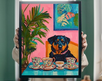 May include: A painting of a black and brown dog sitting in a chair against a pink background. The dog is wearing a pink collar and looking at the viewer. There are four teacups and saucers on a blue tablecloth in front of the dog.