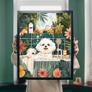 Botanical Bichon Frise Bathroom Print, Boho Bathroom Decor, Maximalist Botanical Decor, Bichon Frise in Bathtub Boho Bathroom Poster