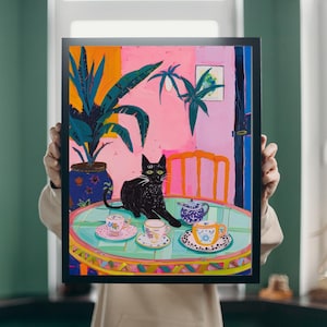 Retro Colorful Black Cat on Dining Table Poster, Whimsical Dining Room Wall Art, Black Cat Kitchen Decor, Fun Black Cat Art for Dining Space