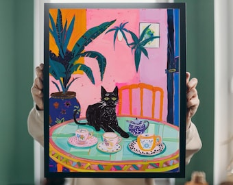 Retro Colorful Black Cat on Dining Table Poster, Whimsical Dining Room Wall Art, Black Cat Kitchen Decor, Fun Black Cat Art for Dining Space