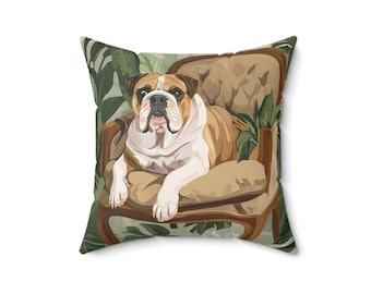 Cojín de tiro de bulldog inglés, Cojín para amantes de los perros, Bulldog inglés sentado en una silla, Cojín de perro boho, Cojín de bulldog inglés caprichoso