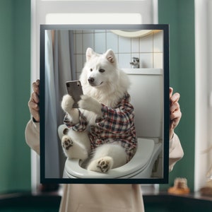 Samoyed Playing on Toilet with Phone, Funny Dog Bathroom Wall Art Poster, Samoyed Bathroom Decor, Bathroom Wall Art, Funny Dog Photo