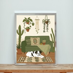 English Bulldog Living Room Print, Boho Plant Poster, Dog Art, Decorative Wall Print, English Bulldog Print, Living Room Decorations
