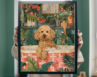 Botanical Goldendoodle In Bathroom, Boho Bathroom Wall Art Decor, Maximalist Botanical Decor, Goldendoodle in Bathtub Boho Bathroom Poster