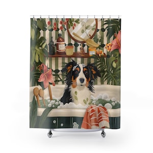 Botanischer Aussie Shepherd Duschvorhang, lustiger Hundevorhang, Botanischer Schäferhund Badezimmer Vorhang, Hundedekorkunst Duschvorhang, Hundeliebhaber