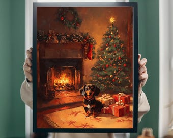 Vintage Christmas Dachshund Poster, Warm Christmas Dachshund Wall Art, Cute Dog Christmas Decor, Christmas Dog Decor, Retro Christmas Tree
