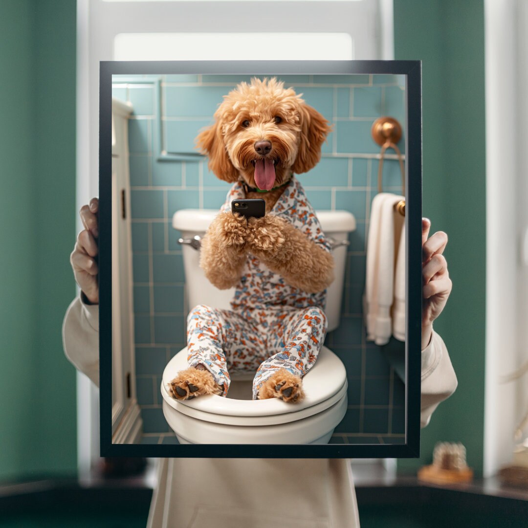 Goldendoodle Playing on Toilet With Phone, Funny Dog Bathroom Wall Art