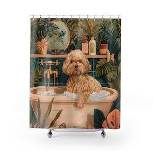 May include: A brown and white dog sits in a white bath with bubbles. The bath is in a bathroom with green tiles and a jungle-themed shower curtain. There are bottles of shampoo and conditioner on the shelf above the bath.