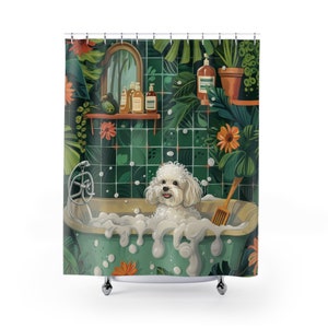 Botanical Bichon Frise Bathroom Shower Curtain, Funny Dog Curtain, Botanical Bichon Frise Bathroom Curtain, Dog Decor Art Shower Curtain