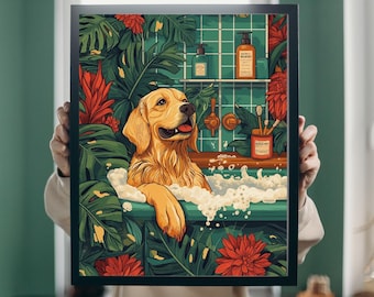 Yellow Labrador Bathroom Poster, Botanical Wall Art, Maximalist Dog Lover Decor, Tropical Jungle Bathtub Print, Labrador in Bathroom Art