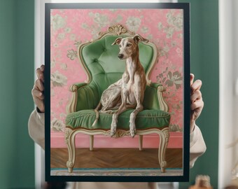 Galgo sentado en una silla, póster de galgo para sala de estar, póster de planta boho, póster de galgo, arte de pared maximalista, decoración de pared de sala de estar