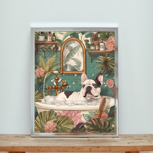 Botanical English Bulldog Bathroom Print, Bathroom Decor Print, Maximalist Botanical Decor, English Bulldog in Toilet, Dog Bathroom Prints