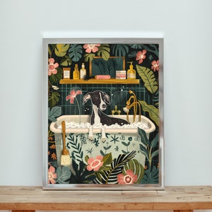 Botanical Italian Greyhound Bathroom Prints, Greyhound Toilet Wall Art, Greyhound On Toilet, Maximalist Botanical Decor, Funny Dog Art