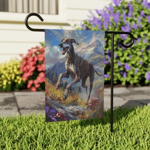 Botanical Greyhound Garden House Banner, House Flag for Greyhound, Garden Welcome Banner Flag, Botanical Decor, Greyhound Running In Garden
