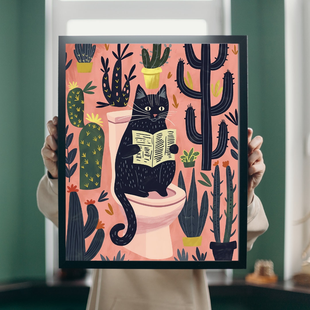 Black Cat Toilet Wall Art, Boho Toilet Decor, Boho Minimalist Wall Art ...