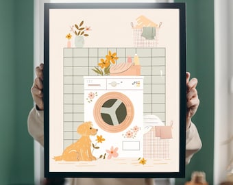May include: A digital illustration of a laundry room with a white washing machine, a basket of laundry, a dog, and flowers. The washing machine has a pink and green design and a clear window showing the inside of the drum. The dog is a golden retriever with a brown nose and is sitting next to the washing machine. The basket of laundry is wicker and has a pink and white patterned towel inside. The flowers are yellow and pink and are arranged in a vase on a shelf above the washing machine.
