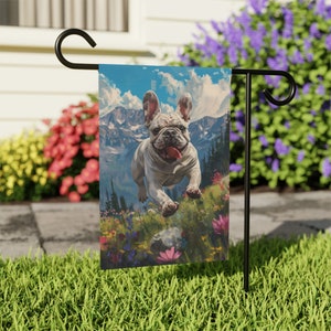 Botanical French Bulldog Garden House Banner, House Flag for French Bulldog, Garden Welcome Banner Flag, French Bulldog Running In Garden