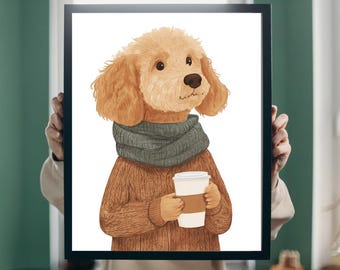 Elegante póster minimalista de café Goldendoodle, acogedor retrato de mascota para decoración del hogar, elegante impresión de perro, elegante regalo de decoración para amantes de los perros.