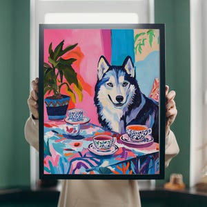 Póster retro colorido de husky siberiano en el comedor, arte de pared caprichoso para el comedor, decoración de cocina con perros, divertido husky siberiano en el comedor