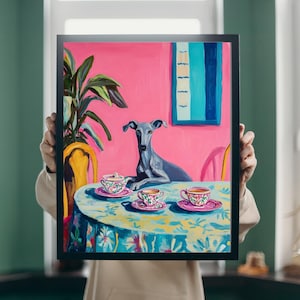 Retro Colorful Greyhound on Dining Room Poster, Whimsical Dining Room Wall Art, Dog Kitchen Decor, Fun Greyhound On Dining Room, Dog Lovers