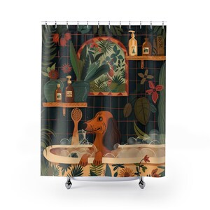 Dachshund Bathroom Shower Curtain, Funny Dog Curtain, Botanical Dachshund Bathroom Curtain, Dog Decor Art Shower Curtain, Dog Lover