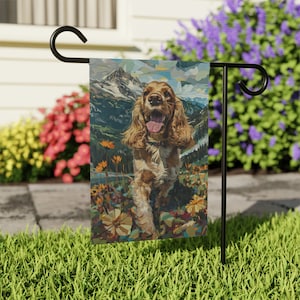 Botanical Cocker Spaniel Garden House Banner, House Flag for Cocker Spaniel, Botanical Garden Welcome Flag, Cocker Spaniel Running In Garden
