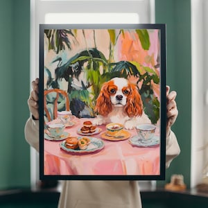 Botanical Cavalier King Charles Spaniel Dining Room Poster, Maximalist Botanical Dining Room Decor, Vintage Kitchen Decor, Dod Mom Gift