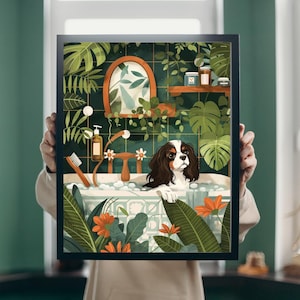 Botanical Cavalier King Charles Spaniel Bathroom Poster, Bathroom Decor Poster, Maximalist Botanical Decor, Dog Bathroom Wall Poster Art