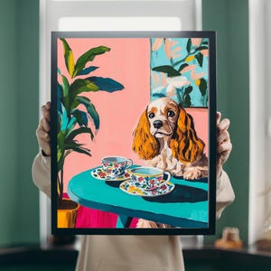 Botanical Cavalier King Charles Spaniel Dining Room Poster, Maximalist Botanical Dining Room Decor, Kitchen Vintage Decor, Dog Lover Gift