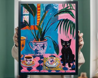 猫とティーカップの絵画 原画 レトロな黒猫とコーヒーのプリント、ヴィンテージティーカップの