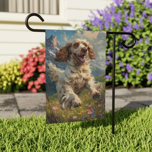Botanical Cocker Spaniel Garden House Banner, House Flag for Cocker Spaniel, Garden Welcome Flag, Botanical Decor, Cocker Spaniel In Garden