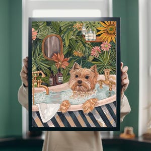 Botanical Yorkie Bathroom Poster Print, Bathroom Decor Print, Maximalist Yorkie Wall Art, Yorkie in Bathroom, Dog Bathroom Wall Poster Art