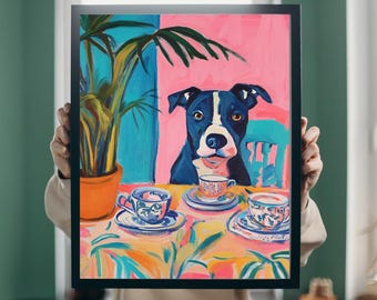 May include: A painting of a black and white dog sitting at a table with three teacups and saucers. The dog is looking directly at the viewer. The background is a bright pink and blue.