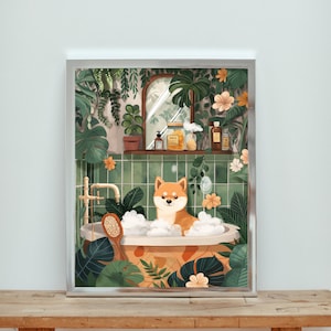 Botanischer Shiba Inu Badezimmer Druck, Badezimmer Dekor Druck, Maximalistisches botanisches Dekor, Shiba Inu im Badezimmer, niedlicher lustiger Hund Badezimmer Druck