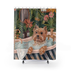 Botanical Yorkie Bathroom Shower Curtain, Funny Dog Curtain, Botanical Yorkie Bathroom Curtain, Dog Decor Art Shower Curtain, Dog Gift