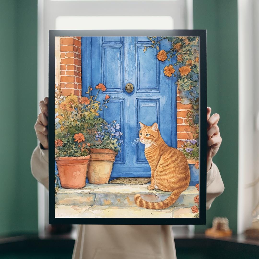 Watercolor Orange Cat Sitting Poster Wall Art, Boho Cat Wall Art for ...