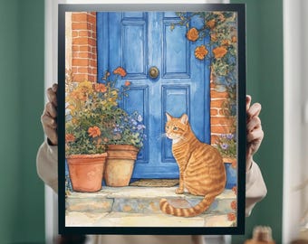 Aquarell Orange Katze sitzende Poster Wandkunst, Boho Katze Wandkunst für Haustür, Pflanzen & Blumen Dekor, Geschenk für neues Zuhause, Katzenliebhaber Gemälde
