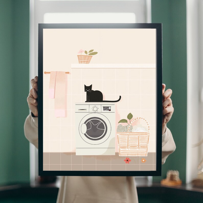 Cute Black Cat in Laundry Room Decorative Print, Whimsical Wall Art for ...