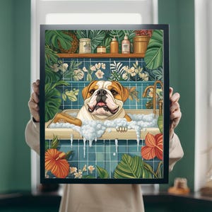 Botanical English Bulldog Bathroom Poster, English Bulldog Bath Wall Art, Bulldog On Toilet, Maximalist Botanical Decor, Dog Mum Gift