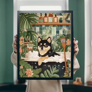 Botanical Balck Shiba Inu Dog In Bathroom Poster, Shiba Inu Art, Bathroom Wall Art Decor, Maximalist Shiba inu Bath Decor, Dog Lover Gift