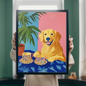 Retro Colorful Yellow Labrador on Dining Room Poster, Whimsical Dining Room Wall Art, Dog Kitchen Decor, Fun Yellow Labrador On Dining Room