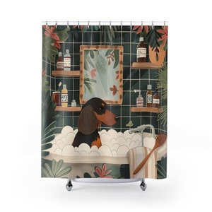 Dachshund Bathroom Shower Curtain, Funny Dog Curtain, Botanical Dachshund Bathroom Curtain, Dog Decor Art Shower Curtain, Cute Home Decor