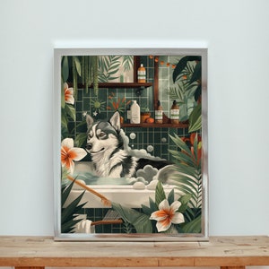 Maximalistischer Siberian Husky im Badezimmer, Hundedruck, Maximalistisches Poster, Minimalistischer Druck