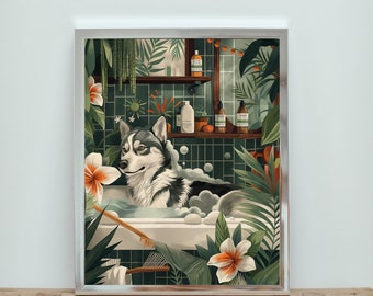 Botanical Siberian Husky Bathroom Print, Bathroom Decor Print, Maximalist Botanical Decor, Siberian Husky in Bathroom, Dog Bathroom Prints